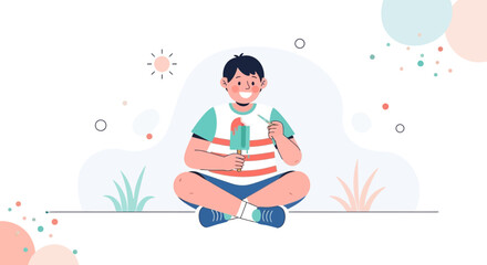 Obraz premium A Cute Boy Enjoying Popsicle Under the Sunshine on a Beautiful Summer Day