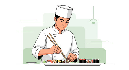 A chef expertly preparing sushi with chopsticks in a detailed vector illustration