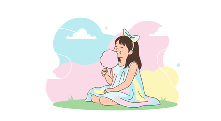 A delightful illustration of a girl enjoying cotton candy, smiling with happiness and joy