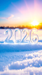 Jahreszahl 2026 aus Eis in Winterlandschaft 
