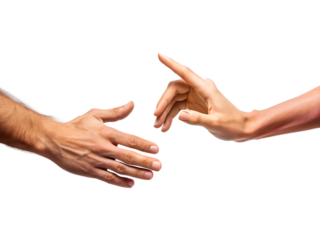 Two human hands reaching out towards each other in a gesture of connection and communication isolated on transparent background
