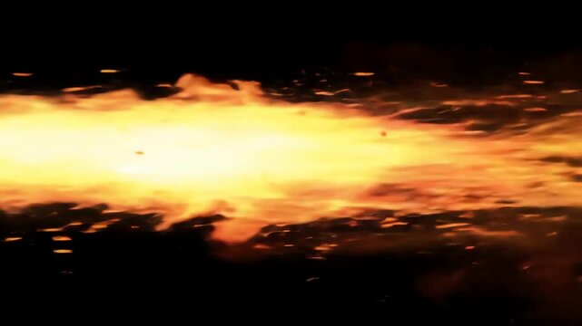 A powerful jet of intense fire and burning sparks shooting across a dark isolated background
