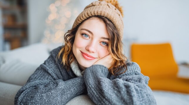 A young woman sits comfortably on a sofa resting her chin on her hand with a cheerful smile. She wears a cozy sweater and a knitted hat enjoying the warm atmosphere of a winter day indoors.