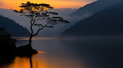Fototapeta premium A solitary tree stands sentinel on a tranquil lake at sunrise.