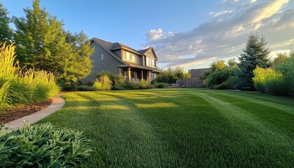 A gray house with a two-car garage is nestled amongst a well-maintained lawn and vibrant landscaping, under a partly cloudy sky.