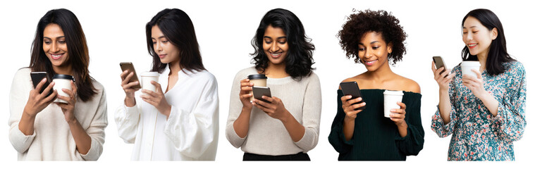 PNG Diverse women enjoying coffee, element set on transparent background