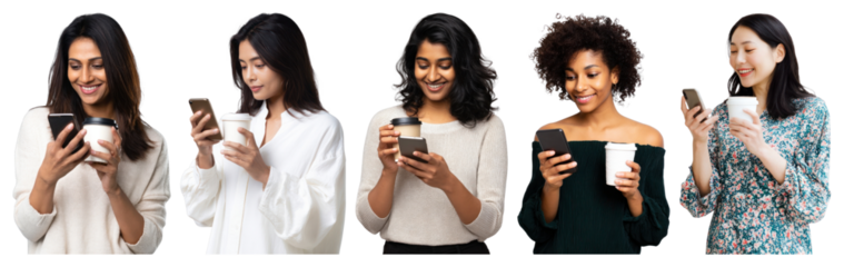 PNG Diverse women enjoying coffee, element set on transparent background