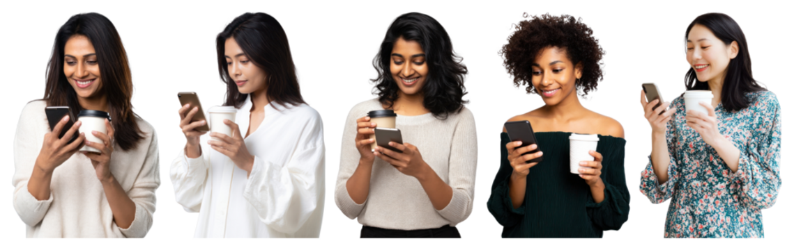 PNG Diverse women enjoying coffee, element set on transparent background
