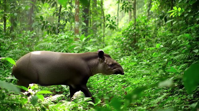 Majestic tapir carefully walking through the vibrant green foliage of a dense rainforest