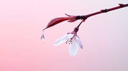 Fototapeta premium A delicate cherry blossom branch with a single dewdrop.