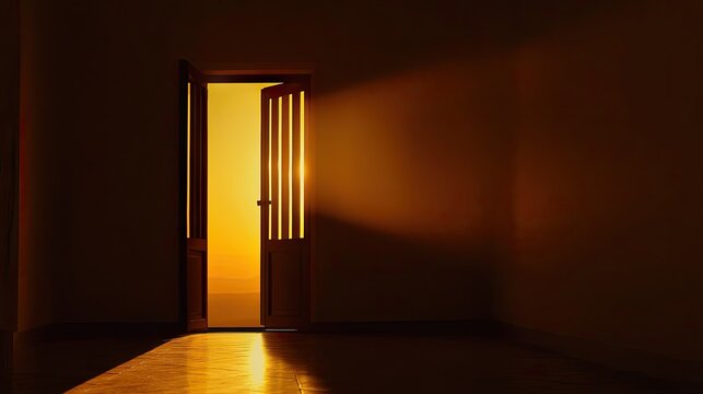 A golden sunrise streams through an open door, illuminating a path forward.