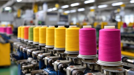 Bright spools of thread in vibrant colors stand in a line inside a textile manufacturing facility. The scene depicts an organized and well-lit workspace enhancing the production atmosphere.
