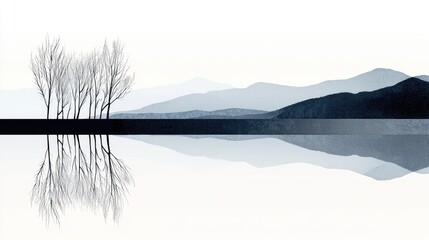 Fototapeta premium A serene winter landscape reflected in a still lake.