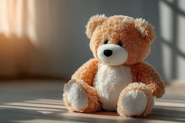 Obraz premium A soft brown teddy bear sitting with its back turned on a sunlit wooden floor. Warm and nostalgic, perfect for emotional storytelling, childhood memory, or quiet moments of reflection.