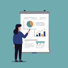 Flat Illustration Woman Presenting Business Data on Flip Chart Whiteboard