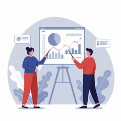 Flat Style People Presenting Statistic Data on Whiteboard Illustration
