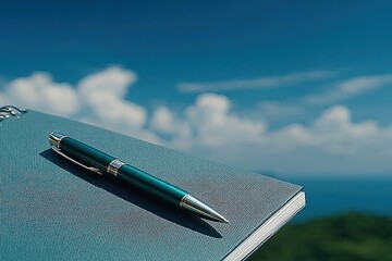 Calm scene featuring notebook and pen against serene ocean backd