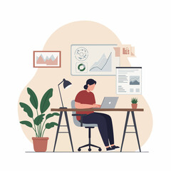 Minimalist Flat Illustration Woman Working at Home Office Workspace Scene