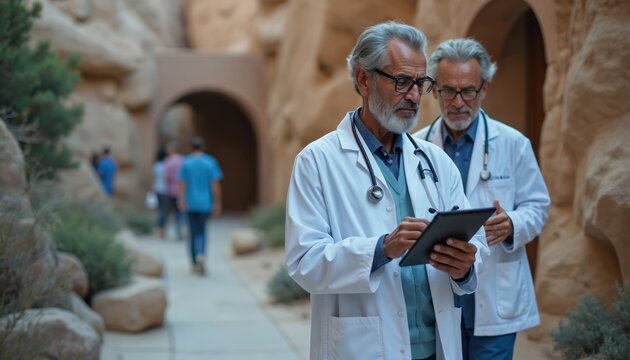 Two senior doctors in white coats with stethoscopes walk outdoors near rock formations. One doctor uses a tablet, discussing medical data. Others walk in background.