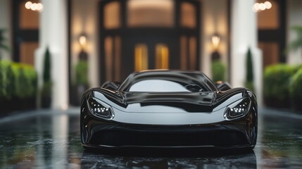 Sleek black sports car parked in a luxurious entrance, showcasing modern design and elegance