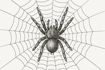 Obraz premium spider with web engraving sketch black and white vector illustration