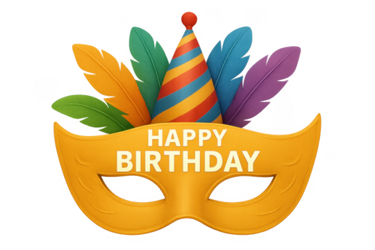 Birthday celebration mask with party hat and feathers