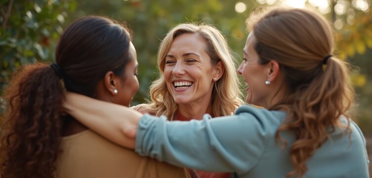 Three women friends embrace outdoors laughing together. Middle aged ladies share happy moment, showing camaraderie and joy in a park setting on a sunny day. Connection and togetherness.