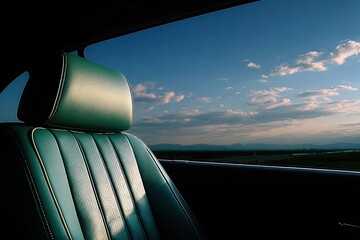 Serene view through car window showcasing vibrant sky and comfor