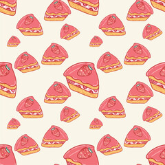 .Hand drawn nostalgic dessert vector illustration. Funny birthday background, poster, social media banner. seamless pattern with cakes
