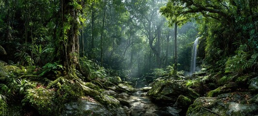 Obraz premium Misty Rainforest Waterfall