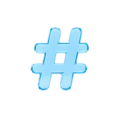 Obraz premium Bright blue glossy hashtag symbol isolated on transparent background