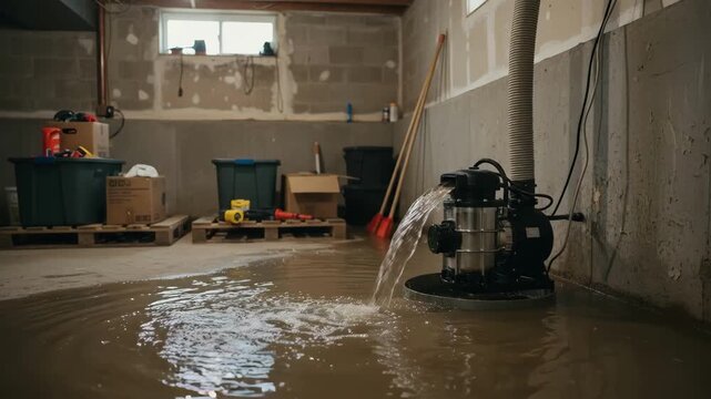 Medium shot of a sump pump actively removing groundwater from a flooded basement highlighting efficient water drainage solutions.