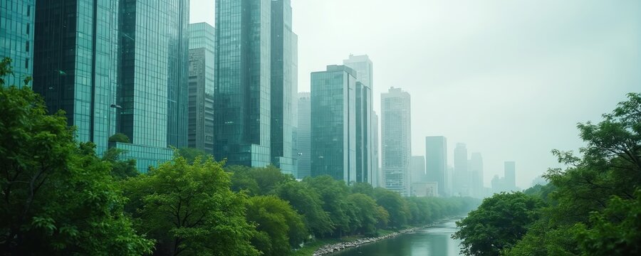 Modern city skyline with green trees and river. Buildings with glass facades reflect sky. Lush forest contrasts urban development. Water reflects cloudy day.