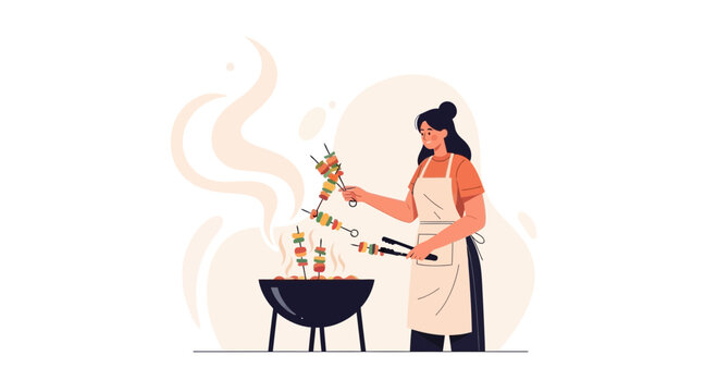A woman grilling kebabs outdoors, perfect for summer bbq and cooking illustrations