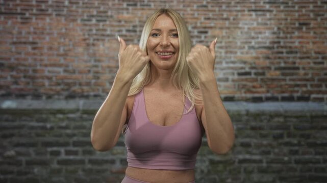 Blonde woman smiling while pointing finger and giving thumbs up in brick wall studio; confidence empowerment positivity motivation.