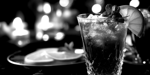 Refreshing iced tea served with lemon and mint at an evening gathering with soft lighting