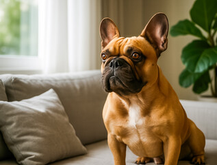 French bulldog sitting on modern sofa at home
