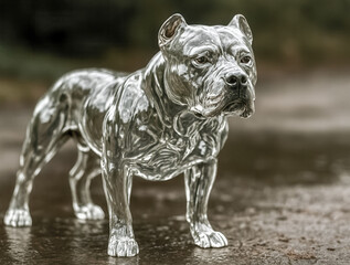 Silver pitbull statue standing on wet ground