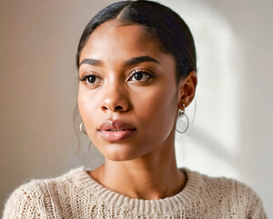 Young woman thinking, looking away, natural beauty portrait