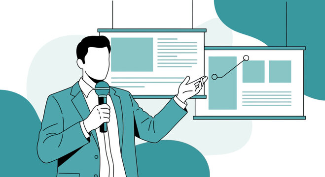 A Speaker Presenting Business Information With Clean And Modern Presentation Graphics