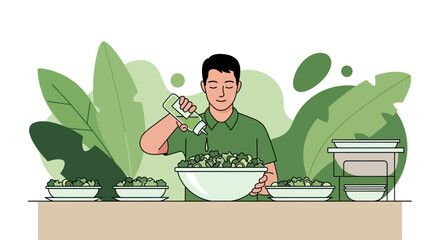 A Person Prepares Fresh Salad with Vegetables and Dressing in a Light Green Environment