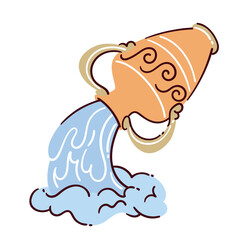 Aquarius zodiac sign. Astrology emblem, color doodle jug pouring water vector illustration.