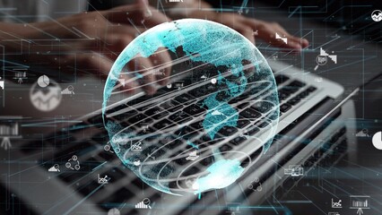 An abstract representation of global connectivity showcasing a user interacting with technology. This image illustrates data analysis and modern business solutions. Xenic