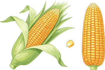 Obraz premium Vibrant illustration of a ripe corn cob with kernels and green husks, showcasing a single kernel and a whole cob