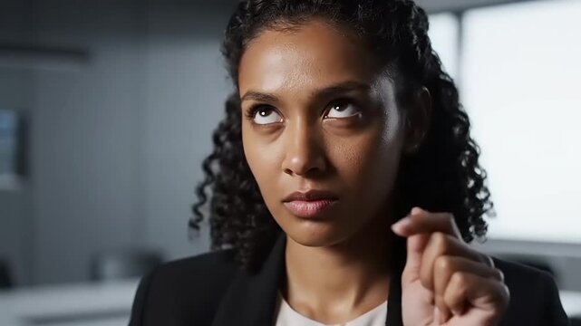 A young woman with dark curly hair rolls her eyes upwards in exasperation while holding her finger and thumb close together.