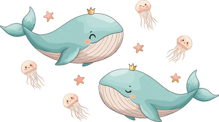 Naklejka premium Delightful illustration of a yellow crescent moon with pastel balloons, soft clouds, and twinkling stars, perfect for nursery decor, baby shower invitations, and playful children's themes