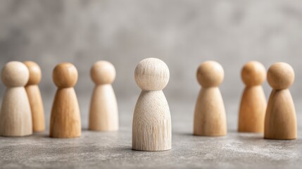 Several wooden figurines are arranged in a circular pattern. One figurine stands prominently in the center highlighted against a soft neutral background creating a sense of focus.