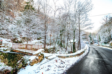 Landscape of the Escouloubres valley under the snow, in the Pyrenees in France