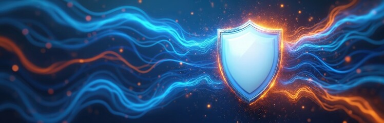 Abstract digital shield with blue and orange energy waves. Modern cyber security graphic represents protection and data safety. Technology background with light particles.