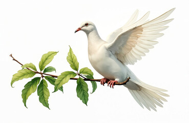 Obraz premium White dove sits on tree branch with green leaves. Bird has spread wings ready for flight. Symbol of peace purity hope and spirituality concept.